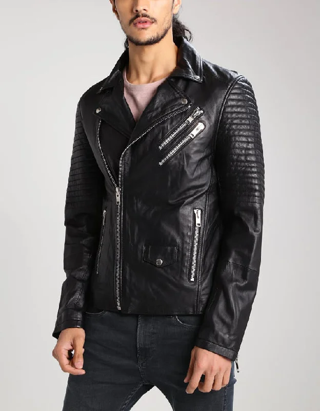Warm Wear Men Real Lambskin Motorcycle Leather Biker Jacket KM305