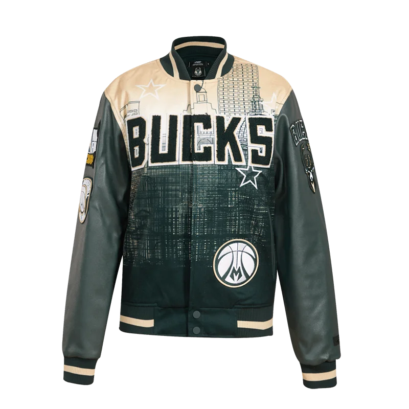 Lounge Chic NBA MILWAUKEE BUCKS REMIX VARSITY MEN'S JACKET (DARK GREEN)