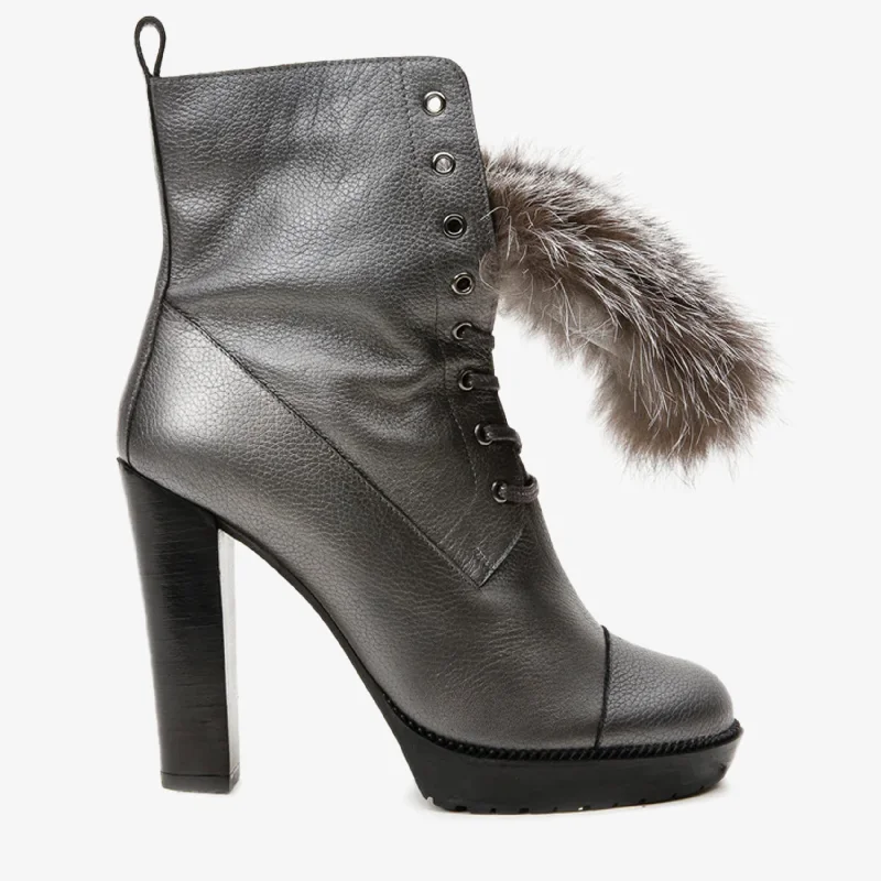 Stylish Casuals The Melo Gray Leather Natural Fur Mid Calf Platform Heel Women Boot