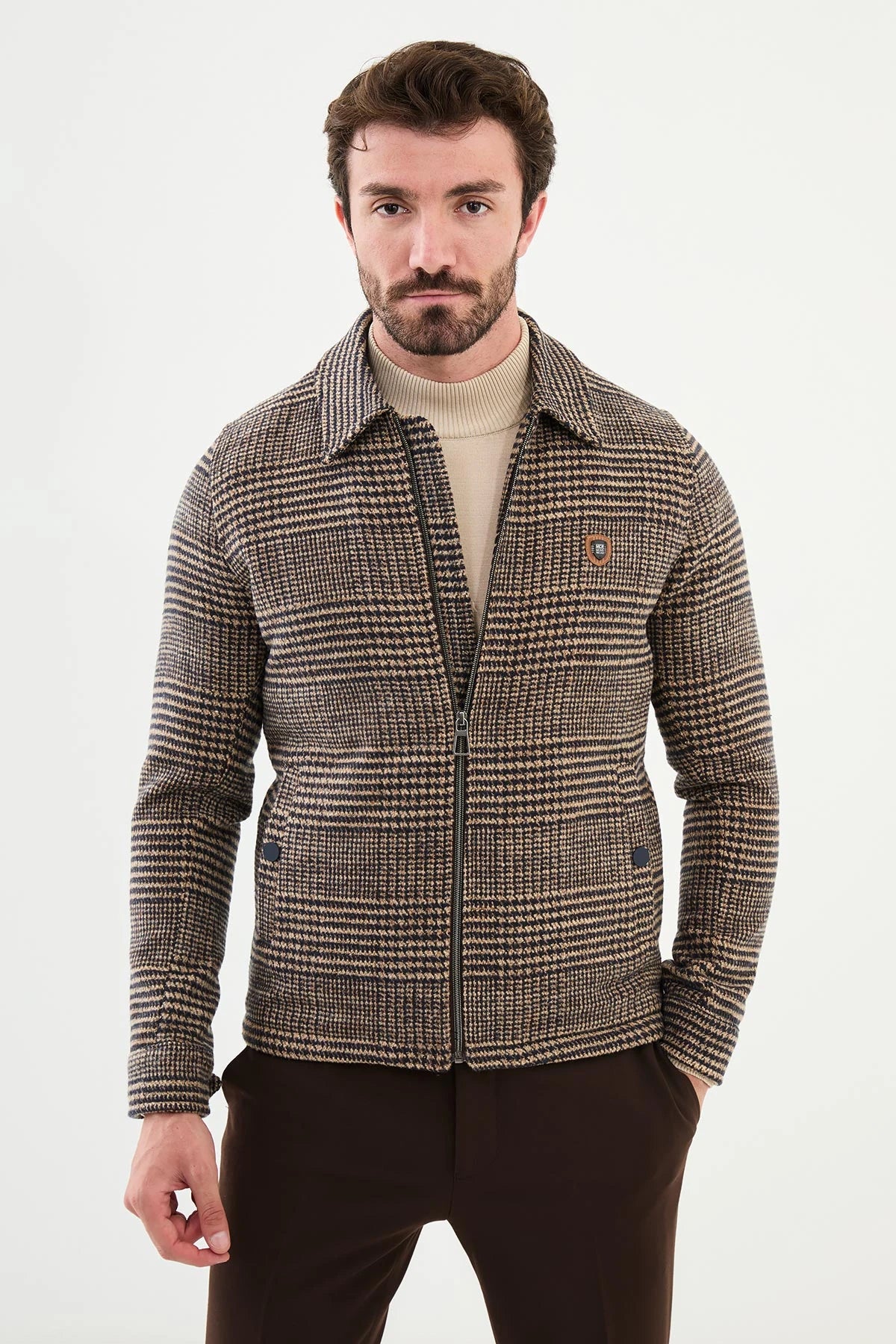 Luxury Temperament Bojoni Capena Beige Slim Fit Plaid Wool Coat