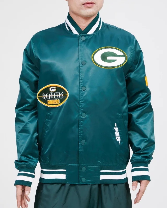 New Autumn And Winter Styles NFL GREEN BAY PACKERS OLD ENGLISH MEN'S SATIN JACKET (FOREST GREEN)