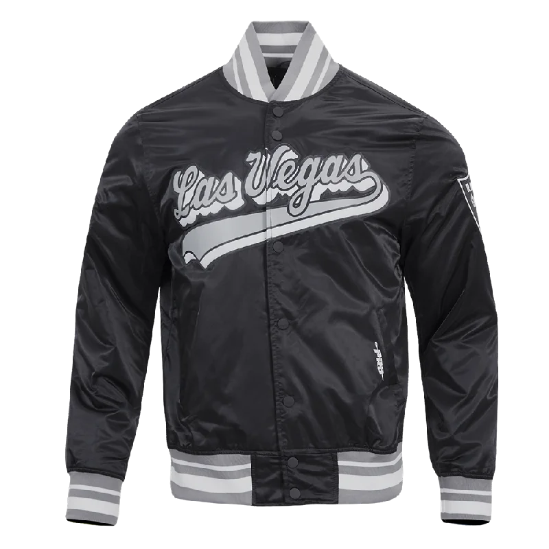Light Fit NFL LAS VEGAS RAIDERS SCRIPT TAIL MEN'S RIB SATIN JACKET (BLACK/GRAY)