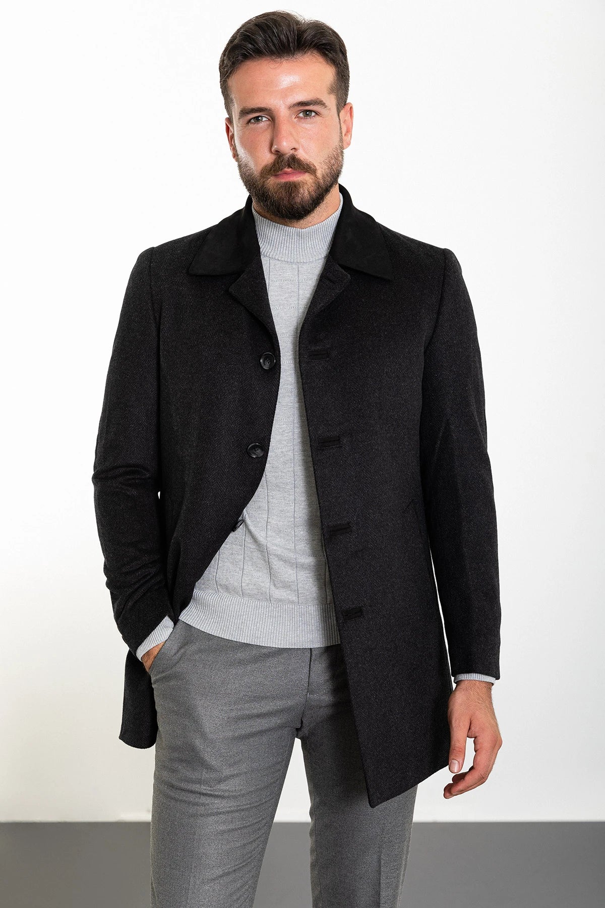 Fashionable Comfort Bojoni Capena Patterned Slim Fit Collar Detailed Stamped  Black Coat