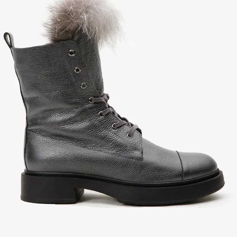 Cozy Knits The Kajapati Grey Leather Natural Fur Mid Calf Women Boot