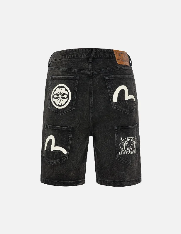 Relaxed Fashion Seagull and Kamon Print Multi-Pocket Relax Fit Denim Shorts