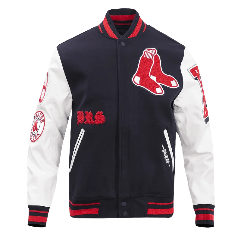Exclusive Customization MLB BOSTON RED SOX OLD ENGLISH WOOL MEN'S VARSITY JACKET (MIDNIGHT NAVY/WHITE)