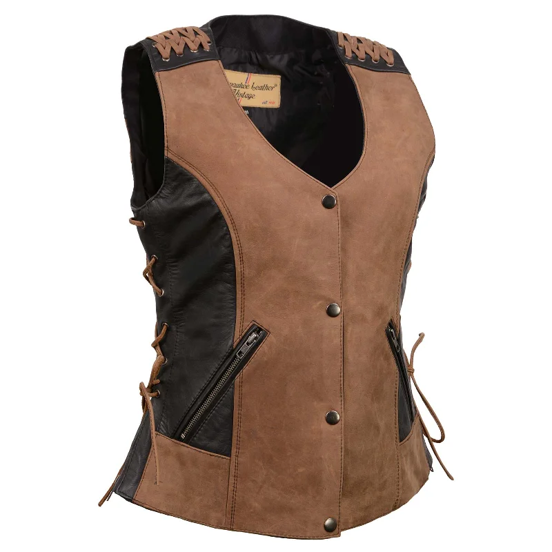 Fashion Wear Milwaukee Leather Women's Smoocher Vintage Two Tone Crazy Horse Brown and Black Leather Club Style Motorcycle Vest MLL4509