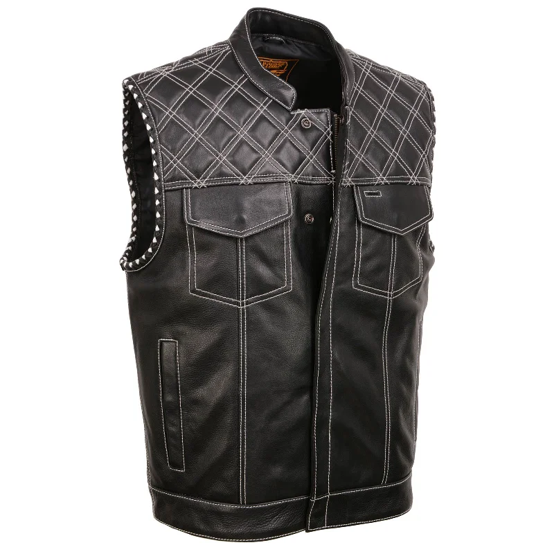 Relaxed Fashion Milwaukee Leather MLM3525 Men's Black 'Paisley' Accented White Stitching Leather Vest – w/Armhole Trim Open Collar Design
