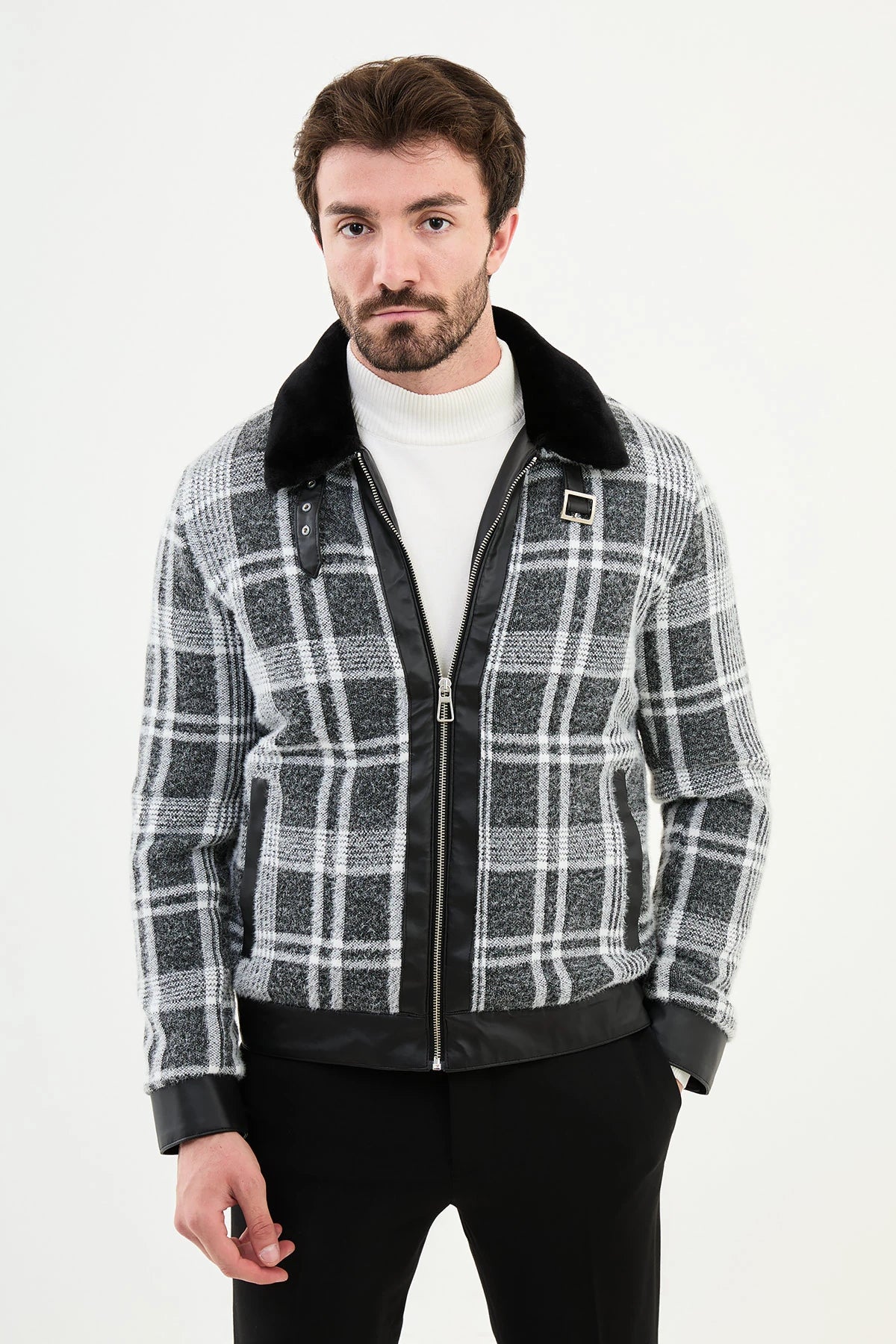 Thin Design Bojoni Capena Black Fur Plaid Slim Fit Coat