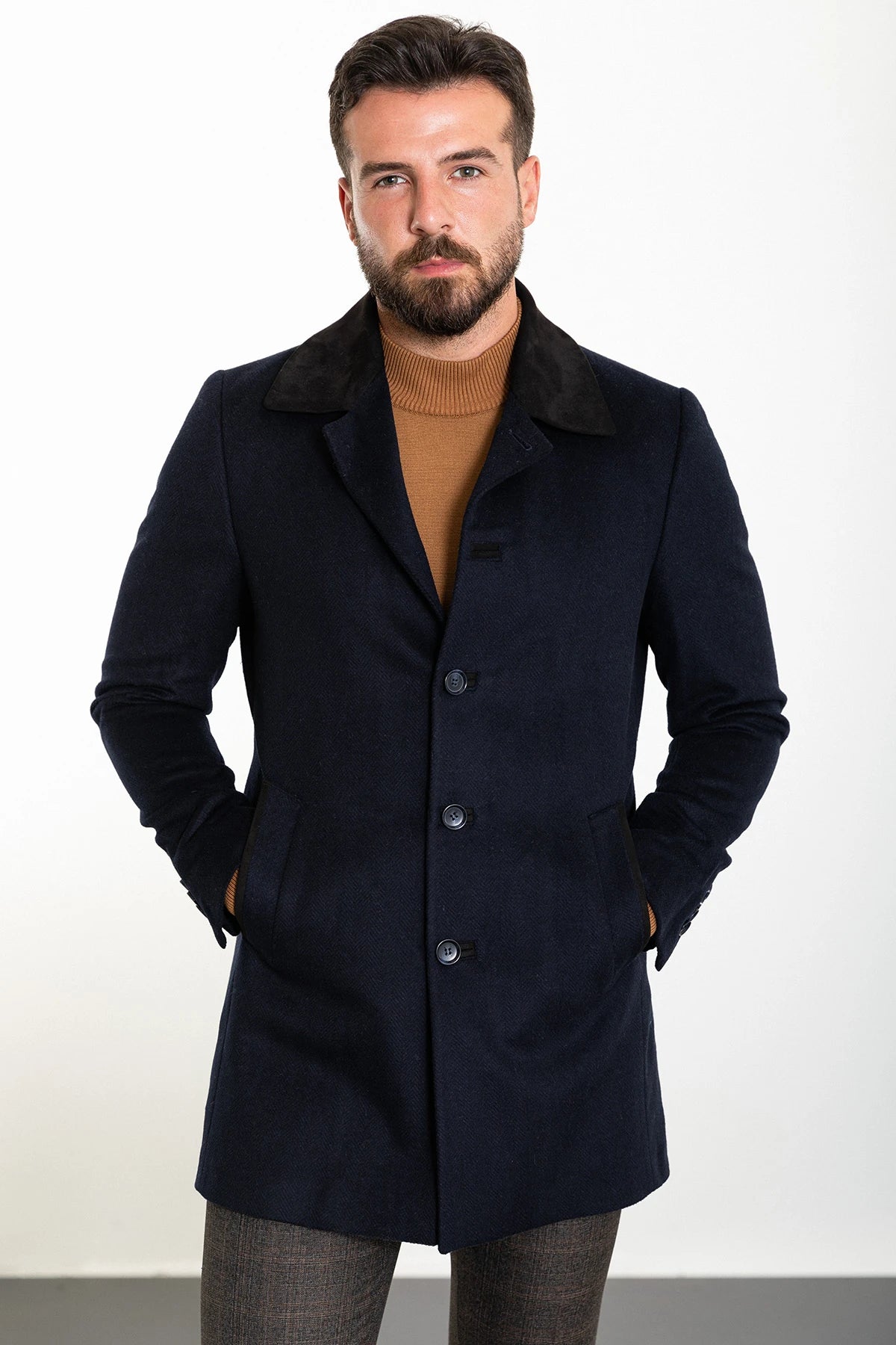 Windbreaker fashion Bojoni Capena Patterned Slim Fit Collar Detailed Stamped  Navy Blue Coat