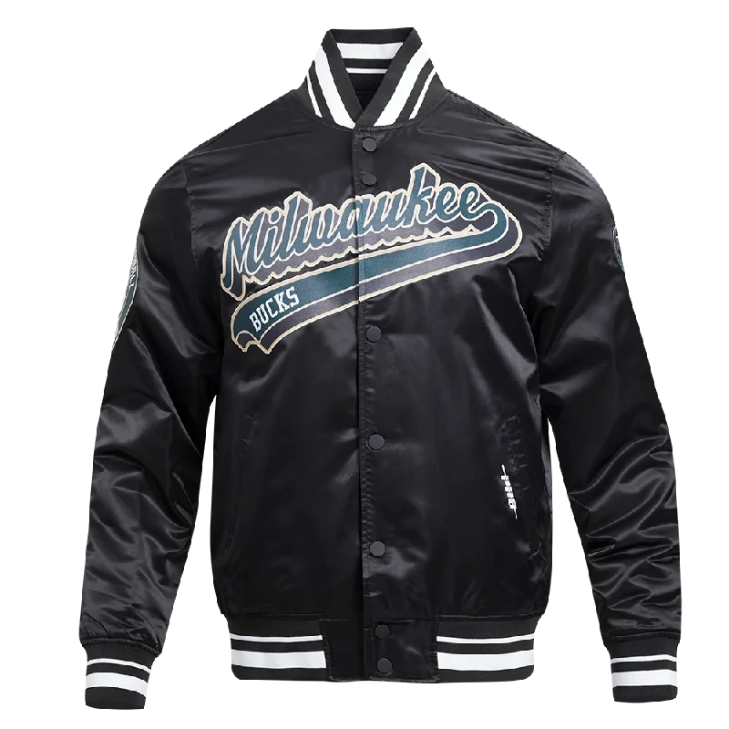 Street Charm NBA MILWAUKEE BUCKS SCRIPT TAIL MEN'S SATIN JACKET (BLACK)