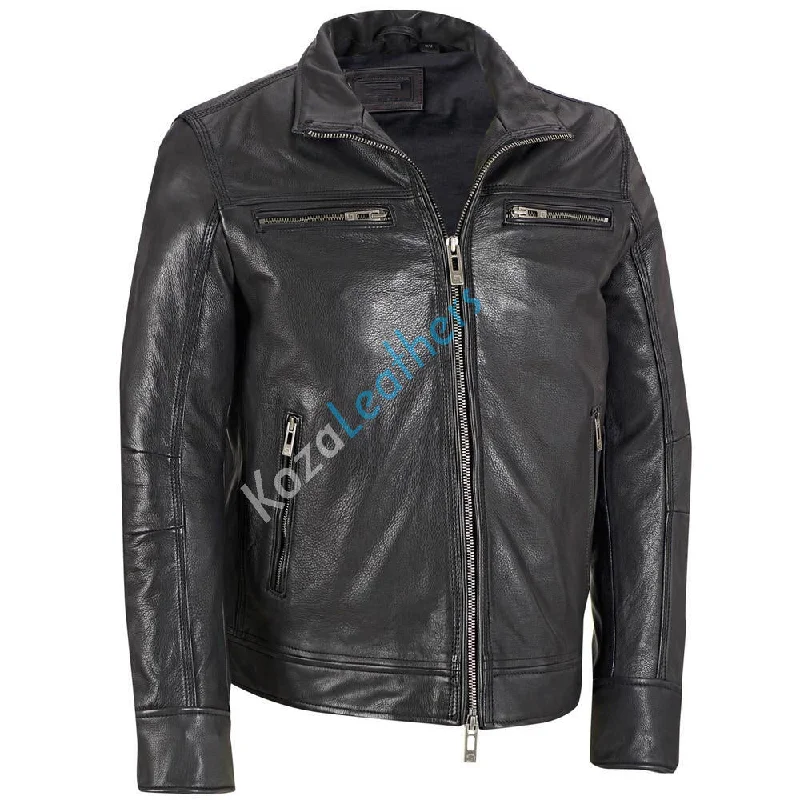 Simple Matching Men Real Lambskin Motorcycle Leather Biker Jacket KM199