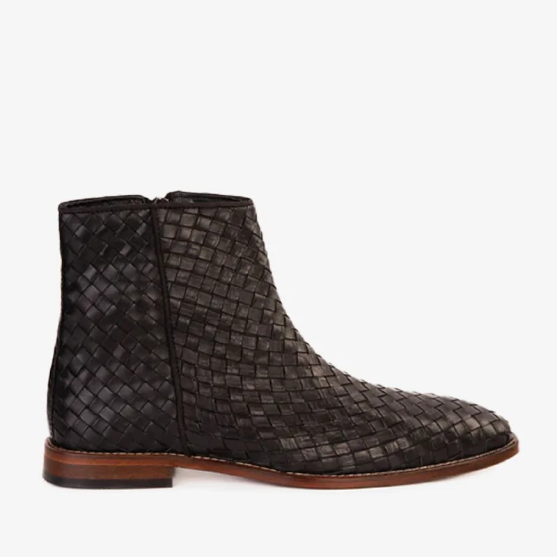 Windbreaker fashion The Wellington Black Handwoven Leather Men Boot with a Zipper