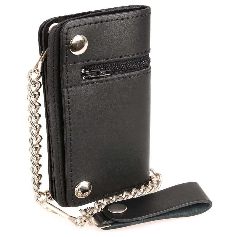 Sweet Girl Milwaukee Leather MLW7882 Men's 6” Black Leather Biker Wallet w/ Outer Pocket - Bi-Fold Anti-Theft Stainless Steel Chain