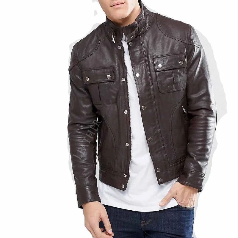 Comfortable Looks Men Real Lambskin Motorcycle Leather Biker Jacket KM318