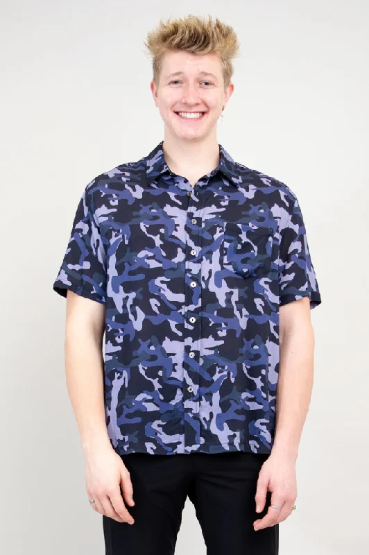 Stretch Design Dino Shirt, Indigo Camo, Woven Bamboo