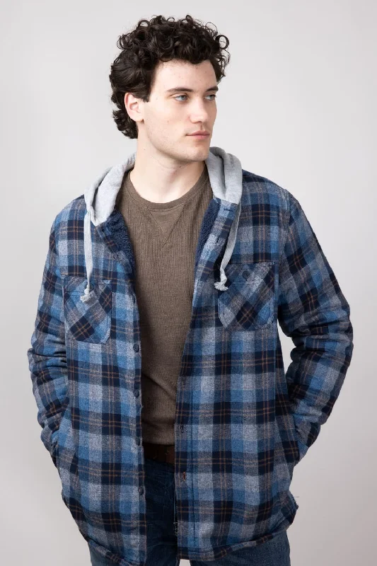 Goddess Style Weatherproof Vintage Sherpa Lined Hooded Shirt Jacket for Men in Blue | F245456GK-BLUE