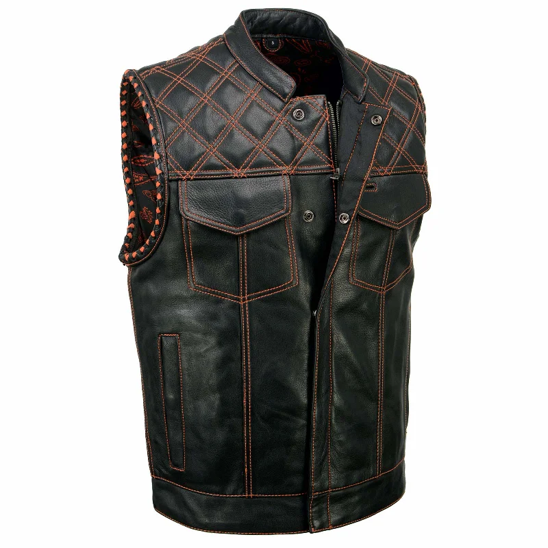 Cozy Fashion Milwaukee Leather MLM3527 Men's Black 'Paisley' Accented w/ Orange Stitching Leather Vest – / Armhole Trim