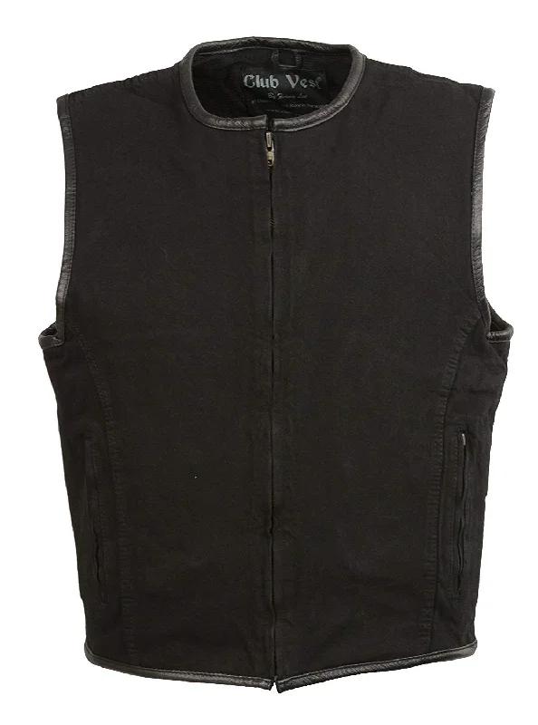 Mid-length Style Club Vest CVM3038 Men's Black Denim Collarless Motorcycle Club Style Vest with Leather Trim