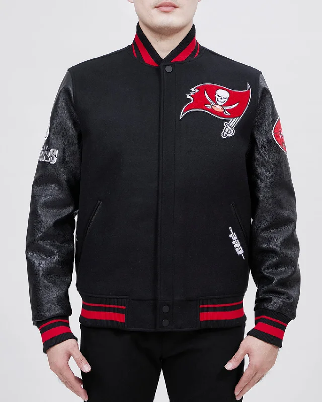 European And American Style NFL TAMPA BAY BUCCANEERS OLD ENGLISH WOOL MEN'S VARSITY JACKET (BLACK/RED)