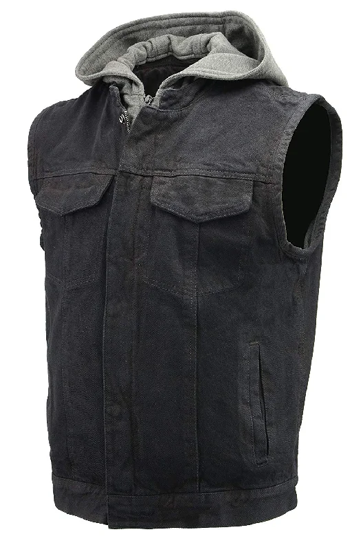 Classic Comfort Men’s Denim Rustic and Casual Black Jean Club Style Biker Riding Vest with Removable Hoodie BZ7200
