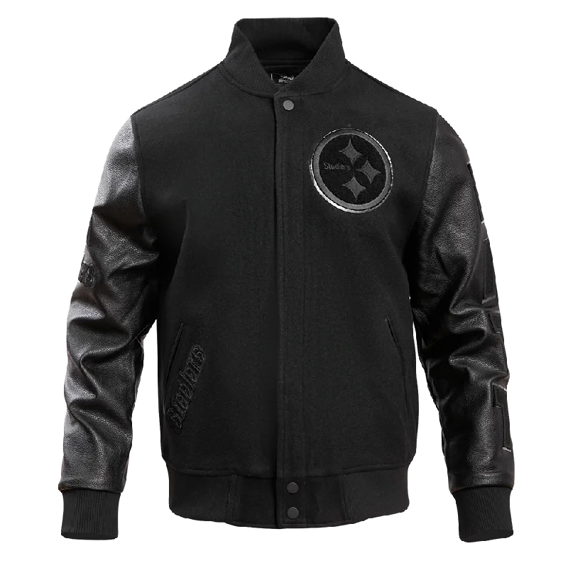 Versatile Comfort NFL PITTSBURGH STEELERS TRIPLE BLACK MEN'S MEN'S WOOL VARSITY JACKET (TRIPLE BLACK)