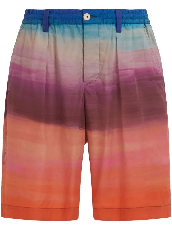 Cool Summer Painterly-Print Pleated Cotton Shorts