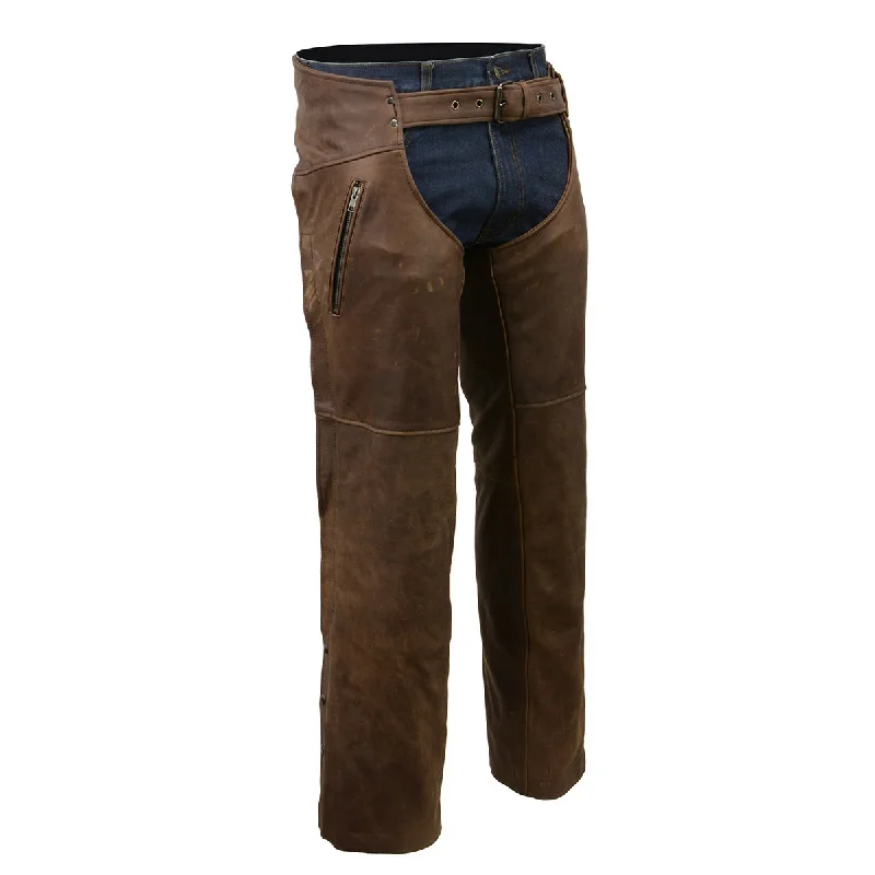 Modern City Milwaukee Leather Chaps for Men's Vintage Crazy Horse Brown Leather- Snap Out Thermal Lined Motorcycle Chap MLM5518