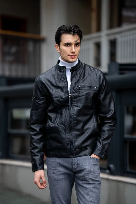 Cozy Fashion Bojoni Omaha Slim Fit Black  Leather Wrined Jacket