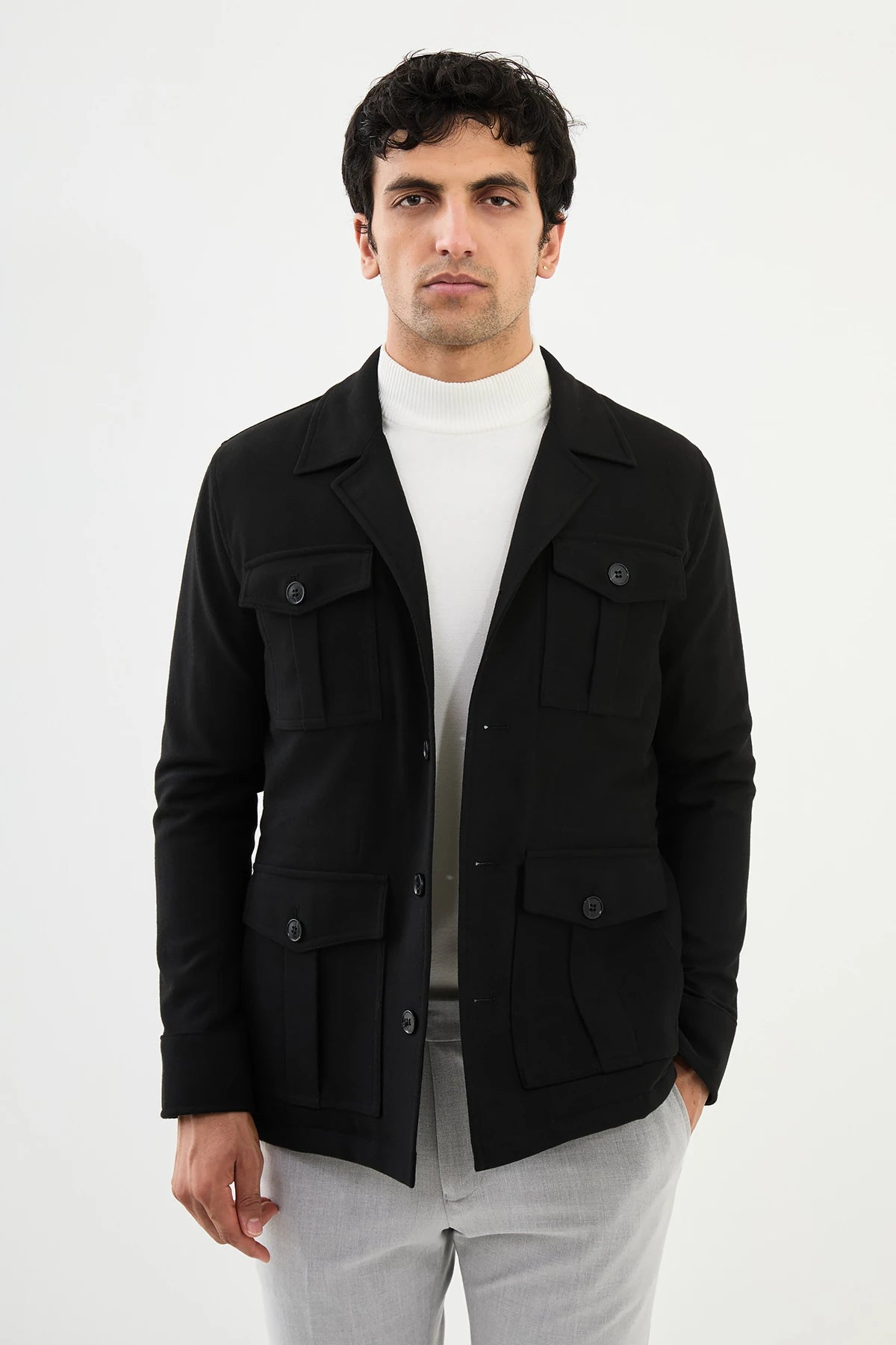 Casual And Versatile Bojoni Capena Safari Plain Black  Slim Fit Coat