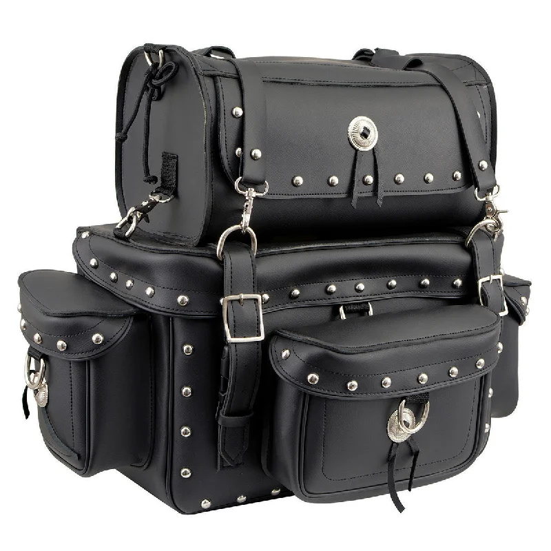 Exquisite Embroidery Milwaukee Leather MP8100S Large Black PVC 2-Piece Studded Motorcycle Touring Pack Sissy Bar Bag