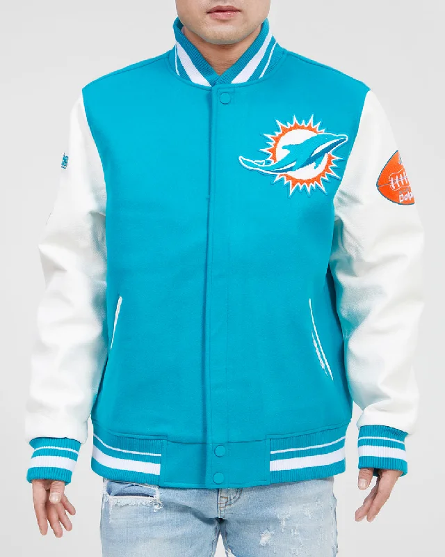 Feminine Charm NFL MIAMI DOLPHINS OLD ENGLISH LOGO MEN'S VARSITY JACKET (TEAL/WHITE)