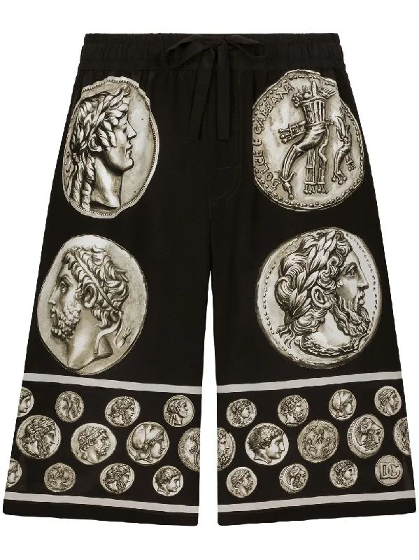 Personalized Wear Roman-Coin Print Silk Bermuda Shorts