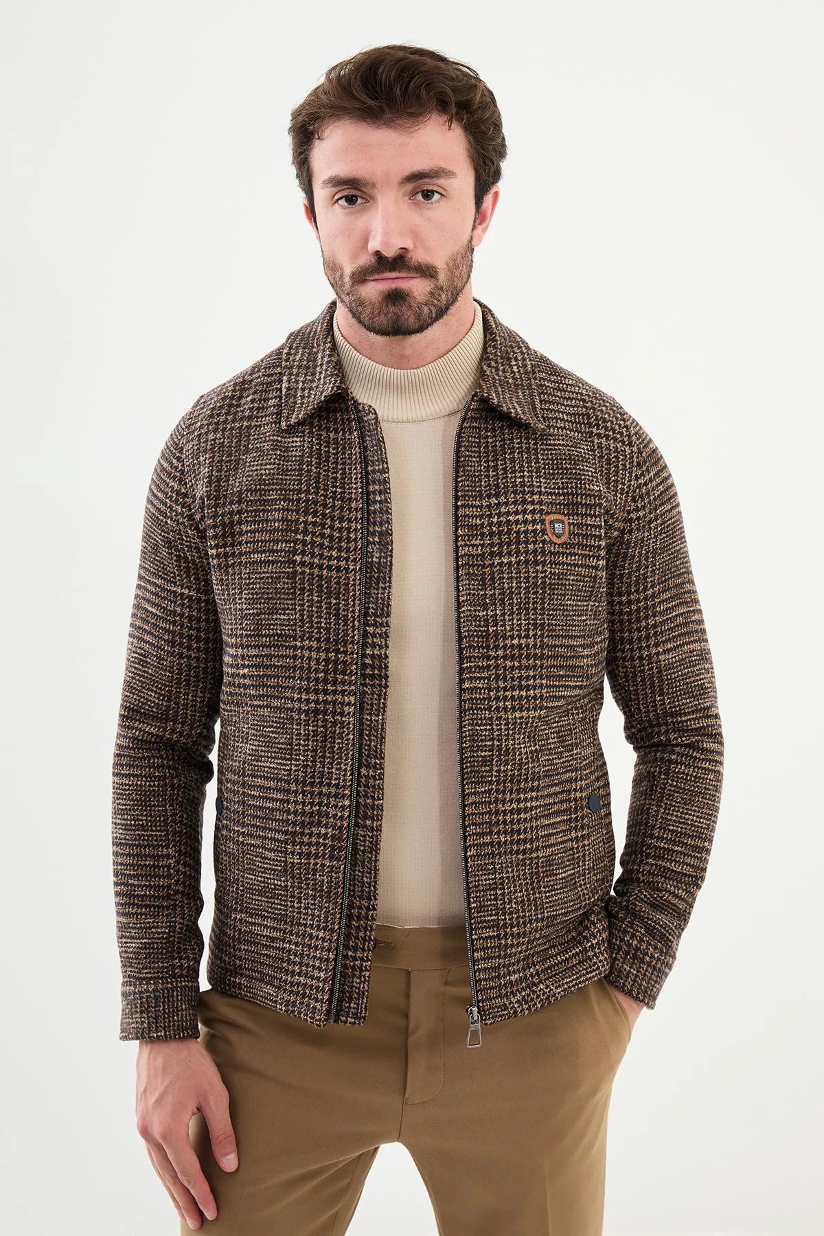 Slightly Flared Design Bojoni Capena Camel Slim Fit Plaid Wool Coat