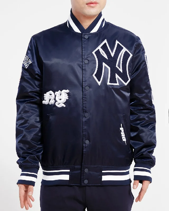 Elegant Design MLB NEW YORK YANKEES OLD ENGLISH MEN'S SATIN JACKET (MIDNIGHT NAVY)