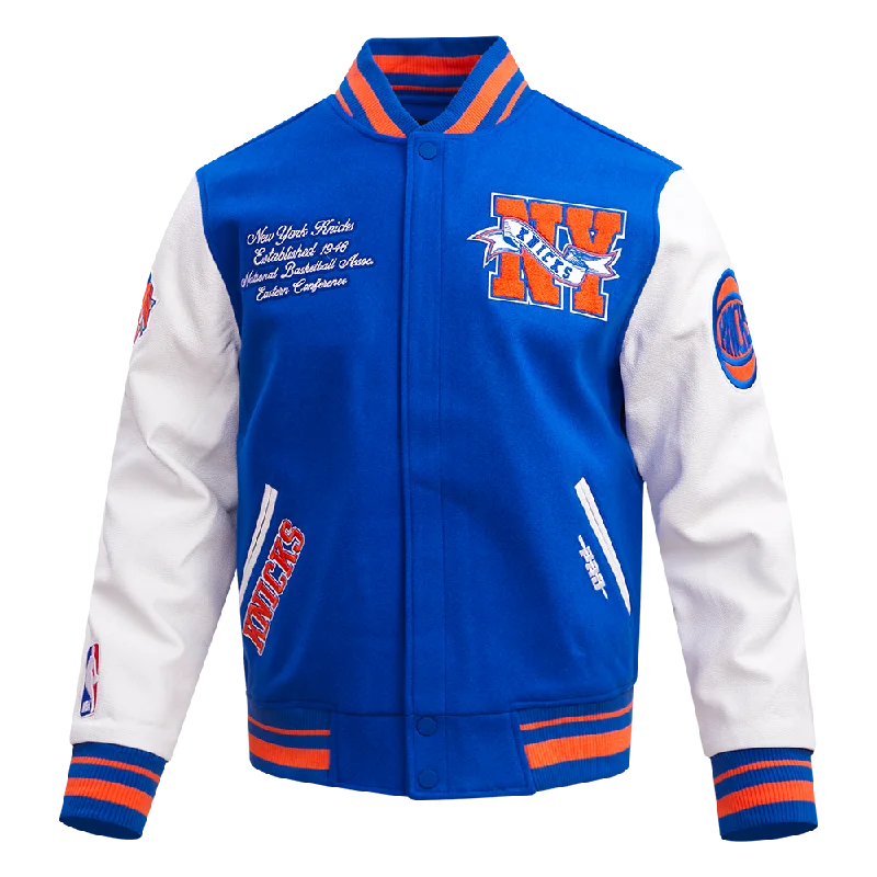 Relaxed Weekend Wear NBA NEW YORK KNICKS TEAM PENNANTS MEN'S RIB WOOL VARSITY JACKET (ROYAL/ORANGE/ROYAL)
