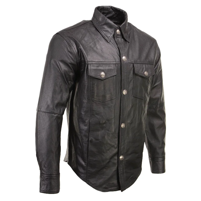 Easy Style Xelement XS908B Men's 'Nickel' Black Leather Casual Biker Rider Shirt with Vintage Buffalo Buttons