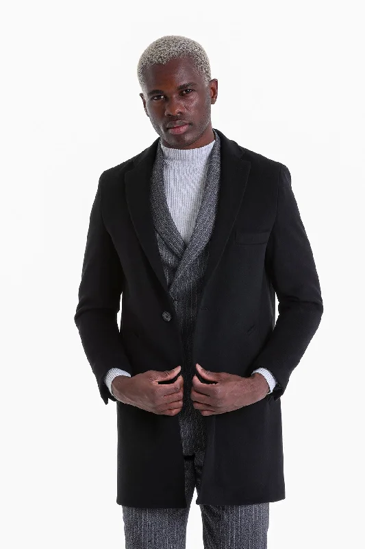Classic Style Slim Fit Cachet Black Wool Blend Overcoat