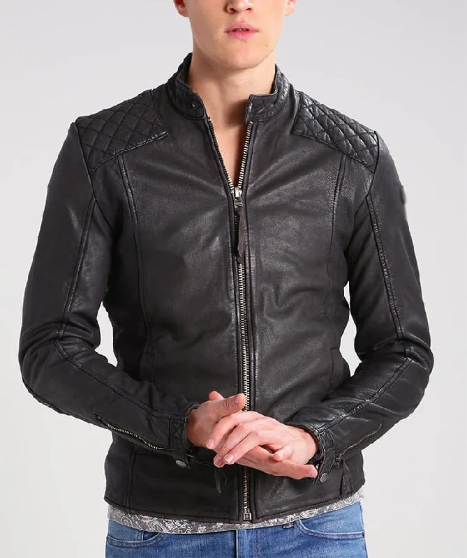 Comfortable Lounge Wear Men Real Lambskin Motorcycle Leather Biker Jacket KM272