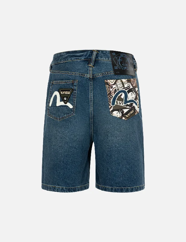 Chic Comfort Wear Allover Godhead Print and Seagull Embroidery Relax Fit Denim Shorts