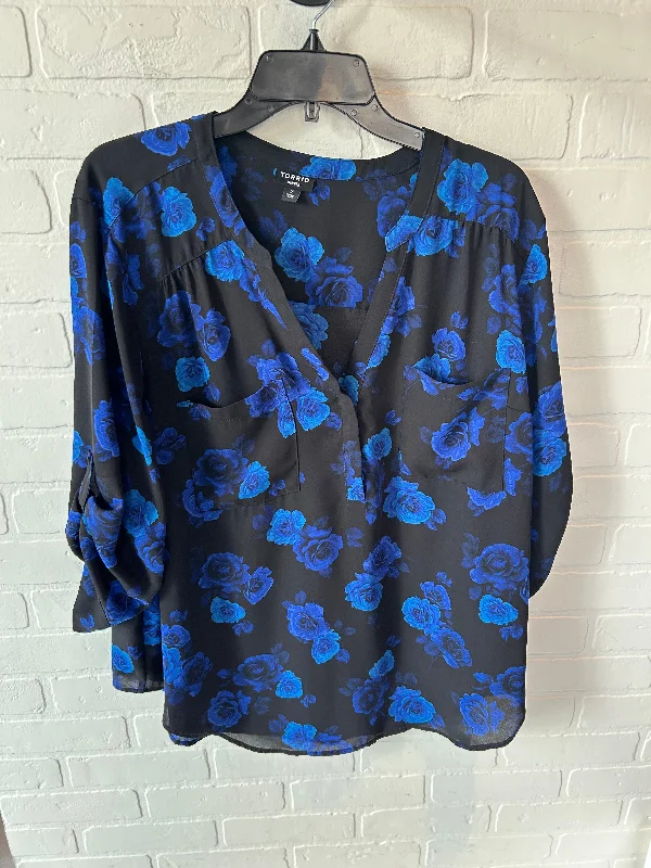 Sporty Wear Top 3/4 Sleeve By Torrid In Black & Blue, Size: 2x
