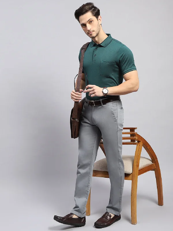 Comfortable Tops Men Green Solid Collar Half Sleeve T-Shirt