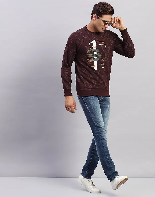 Warm And Comfortable Men Maroon Printed Round Neck Full Sleeve Winter T-Shirt
