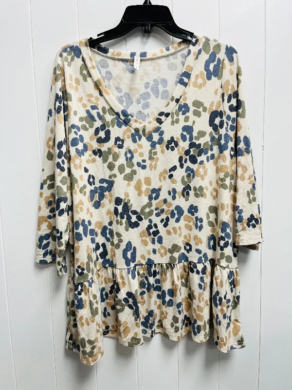 Simple Looks Top Long Sleeve By Mts In Blue & Cream, Size: 1x