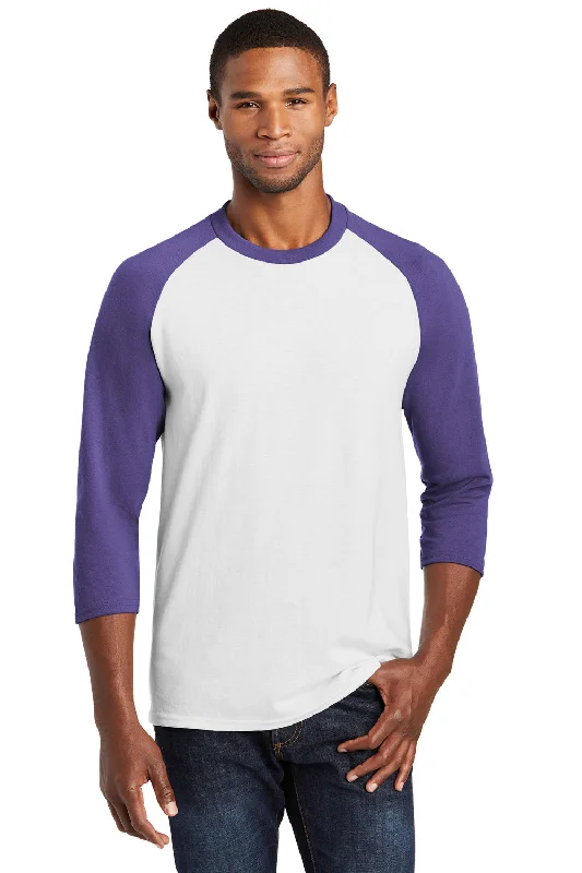 Fashion Expert Port & Company Mens Core Moisture Wicking 3/4 Sleeve Crewneck T-Shirt - White/Purple - Closeout