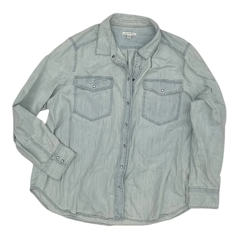Comfortable Lounge Wear Top Ls By Free Assembly In Blue Denim, Size:3X