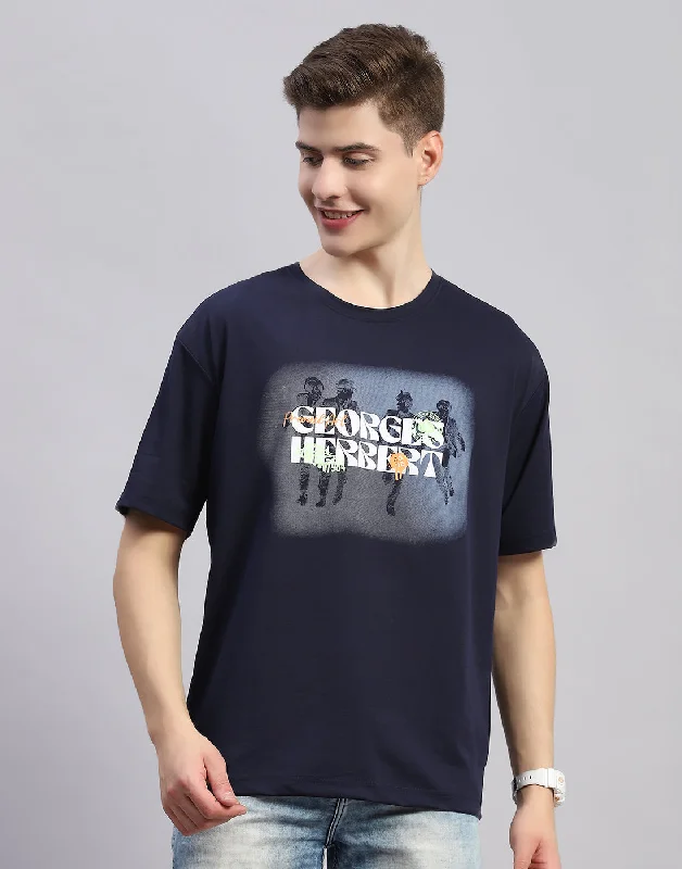 Comfortable Mind Men Navy Blue Printed Round Neck Half Sleeve T-Shirt