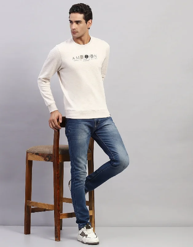 Casual And Versatile Men Beige Printed Round Neck Full Sleeve Winter T-Shirt