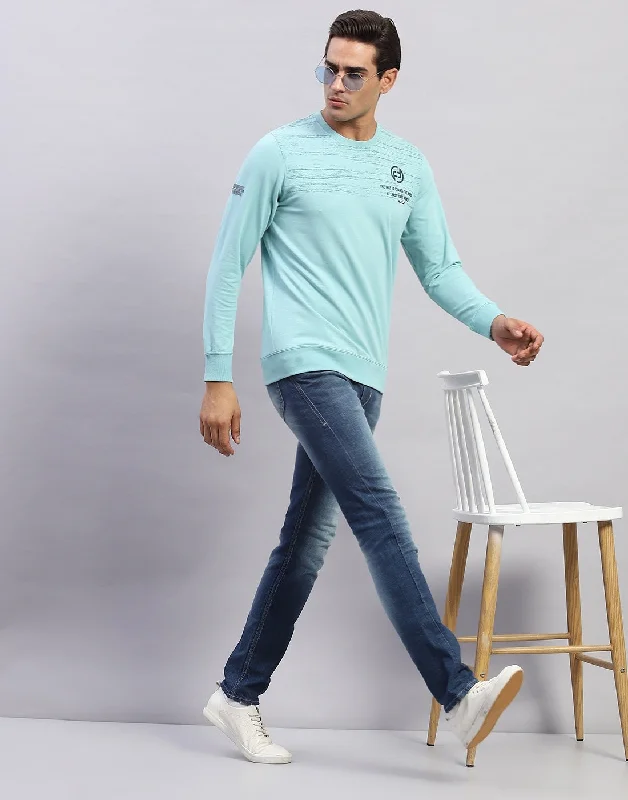 Free And Casual Men Light Blue Printed Round Neck Full Sleeve Winter T-Shirt