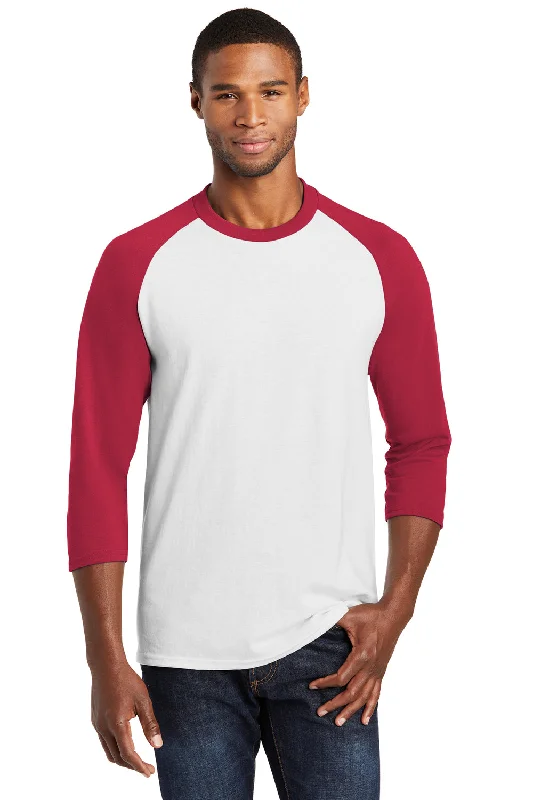 New Season Series Port & Company Mens Core Moisture Wicking 3/4 Sleeve Crewneck T-Shirt - White/Red